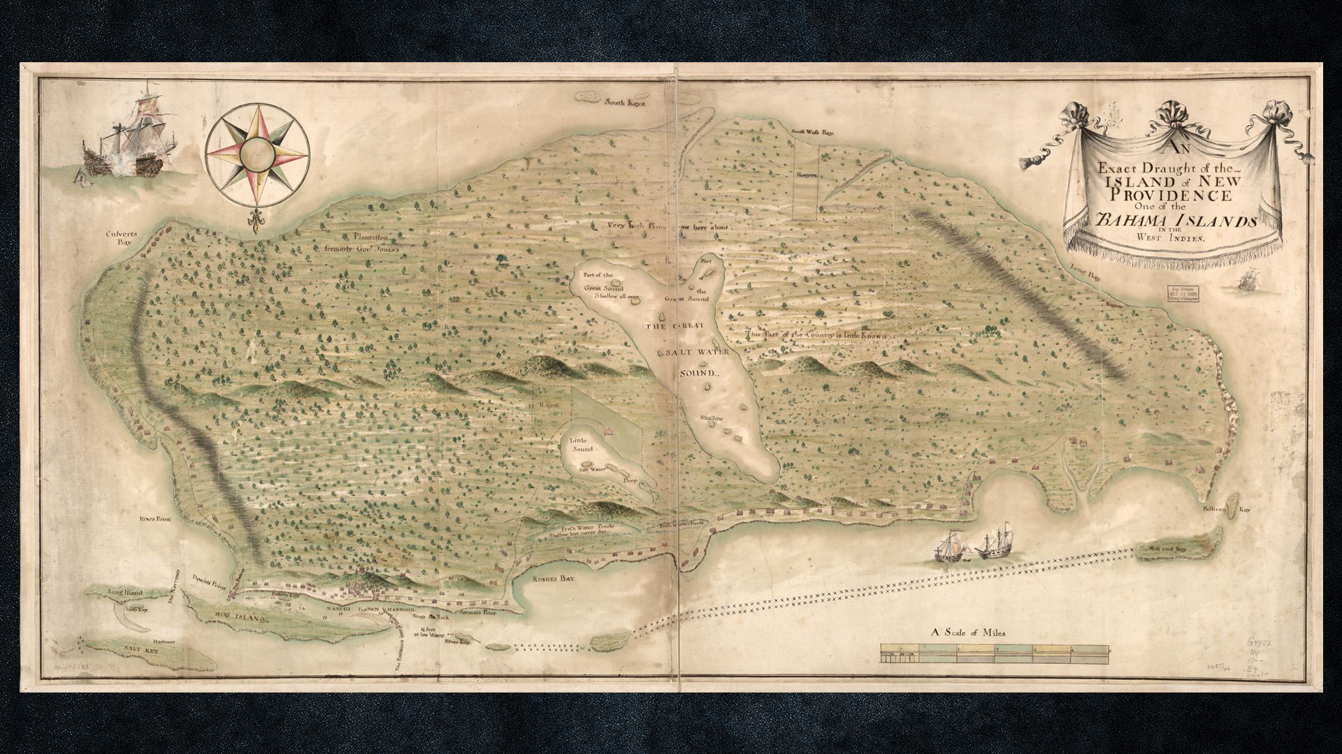 Exact Draught of the Island of New Providence early 1700s manuscript map showing Nassau harbor Hog Island and depth soundings during the Nassau pirate republic era